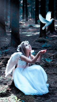 Aniołek z gołębiem w lesie
