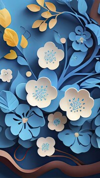 Białe i niebieskie kwiaty z liśćmi na niebieskim tle