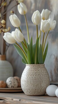 Białe tulipany i pisanki na stole