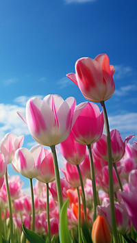 Biało-różowe tulipany na tle błękitnego nieba