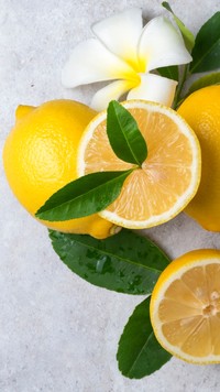 Cytryny przyozdobione listkami i plumerią