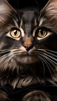 Czarny puszysty kot z długimi wąsami