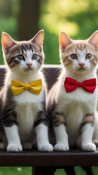 Dwa małe kotki z kolorowymi muszkami na ławce