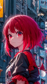 Dziewczyna na tle budynków w anime