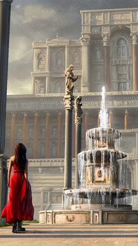 Dziewczyna w czerwonej sukience przed fontanną