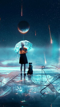 Dziewczyna z psem oglądająca spadające meteoryty
