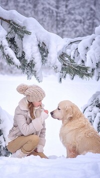 Dziewczynka z golden retrieverem w śniegu