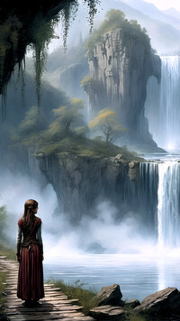 Kobieta na tle wodospadów na skałach