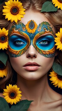 Kolorowa twarz kobiety otoczona słonecznikami