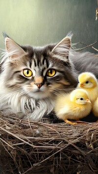Kot i dwa kurczaki w gnieździe