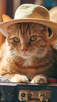 Kot z kapeluszem na głowie w walizce
