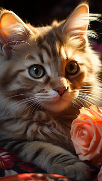 Kot z pomarańczową różą na łapkach