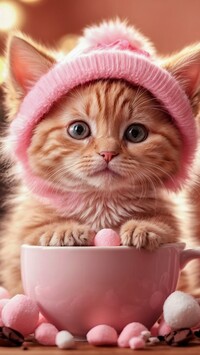Kotek w czapeczce z łapkami na filiżance