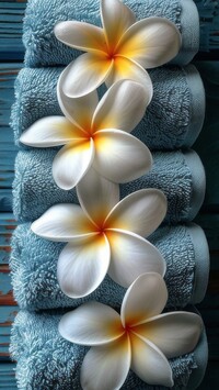Kwiaty plumerii na zwiniętych niebieskich ręcznikach