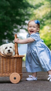 Mała dziewczynka z psem w wózku