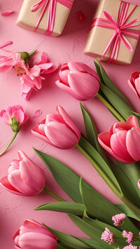Małe prezenty i różowe tulipany