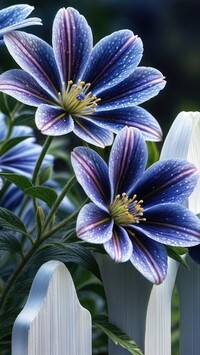 Niebieskie kwiaty i białe sztachety płotu