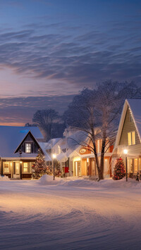 Oświetlone nocą domy przy zaśnieżonej ulicy