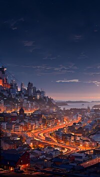 Oświetlone nocą miasto nad morzem w grafice