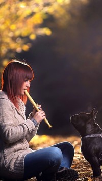 Pies zapatrzony w dziewczynę grającą na flecie