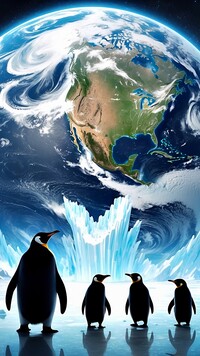 Pingwiny na tle planety
