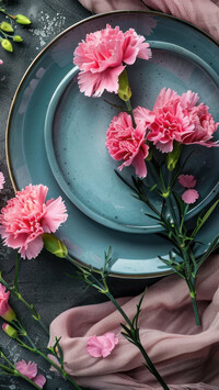 Różowe goździki na talerzach