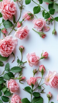 Różowe rozwinięte róże z pąkami na jasnym tle