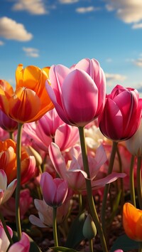 Rozświetlone kolorowe tulipany na tle nieba