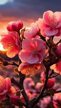 Rozświetlone różowe kwiaty drzewa owocowego