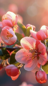 Rozświetlone słońcem różowe kwiaty drzewa owocowego