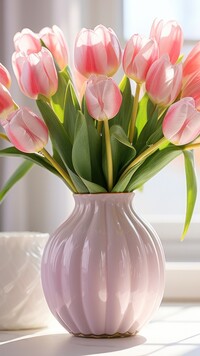 Rozświetlone tulipany w wazonie przy oknie
