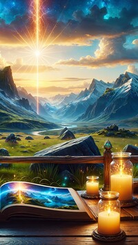 Świece z książką na stole z widokiem na góry