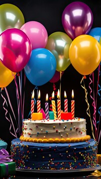 Tort urodzinowy ze świeczkami i balonikami