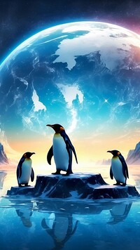Trzy pingwiny na tle planety