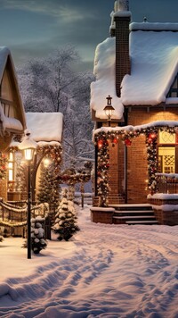 Udekorowane świątecznie domy przy zaśnieżonej drodze