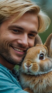 Uśmiechnięty mężczyzna z królikiem