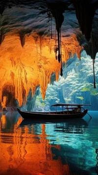 Widok z jaskini na łódkę na rzece