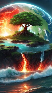 Wyspa z drzewem na tle planety