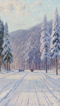 Zaśnieżona droga przez las na obrazie Waltera Morasa