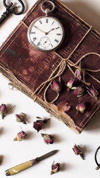 Zegarek i zasuszone różyczki na starej książce