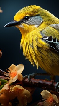 Żółty ptak na ukwieconej gałązce