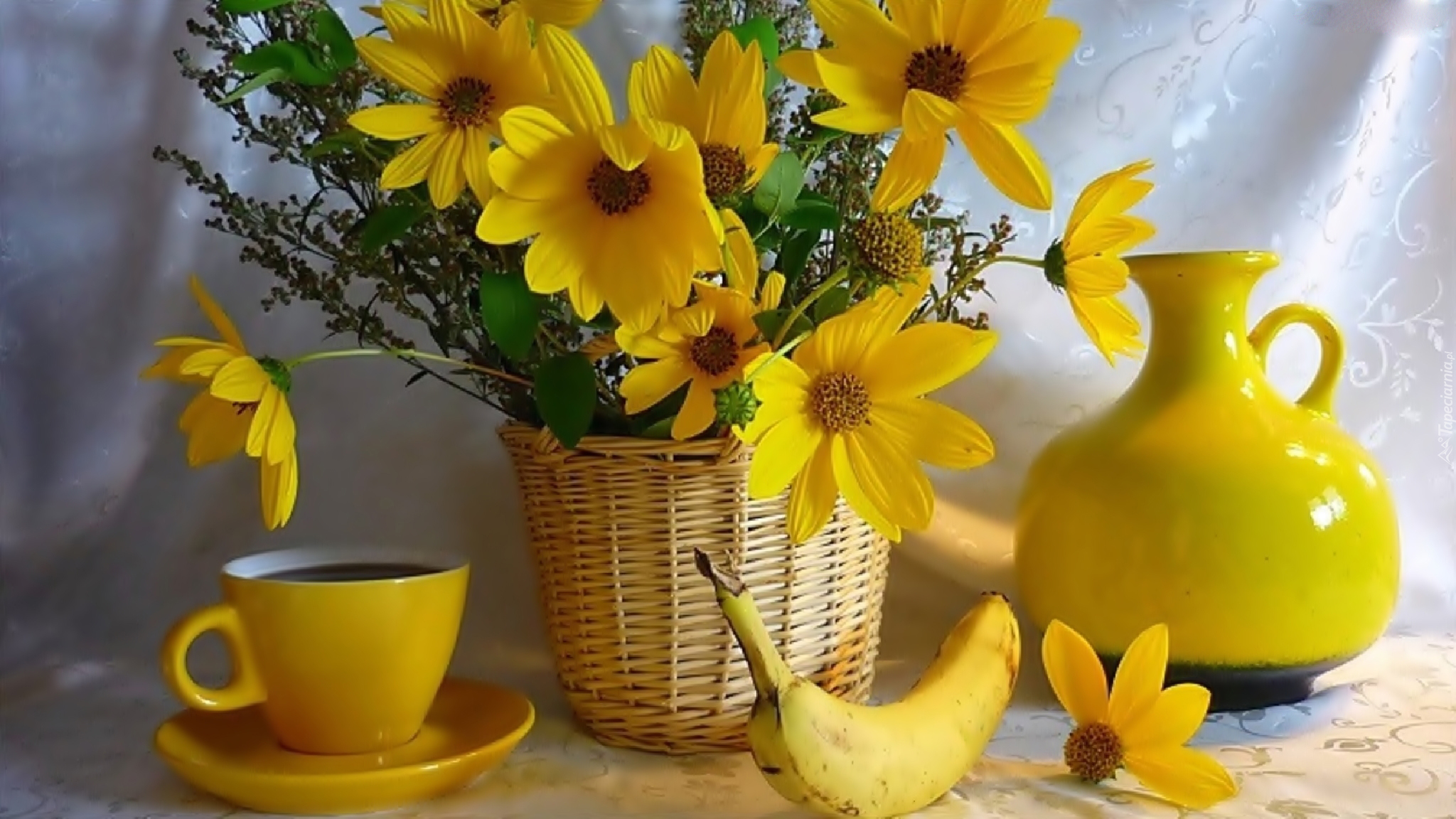 Żółta, Porcelana, Koszyk, Żółte, Kwiaty