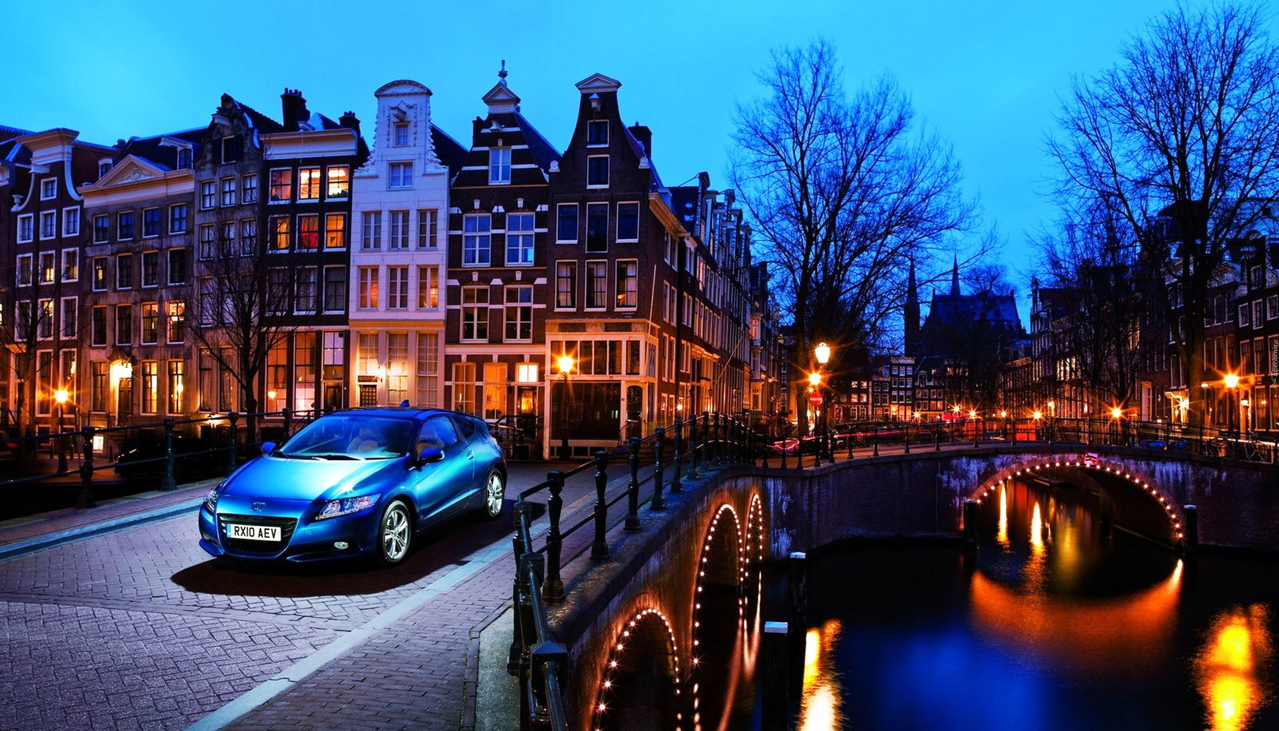 Amsterdam, Nocą, Kanał, Samochód, Honda