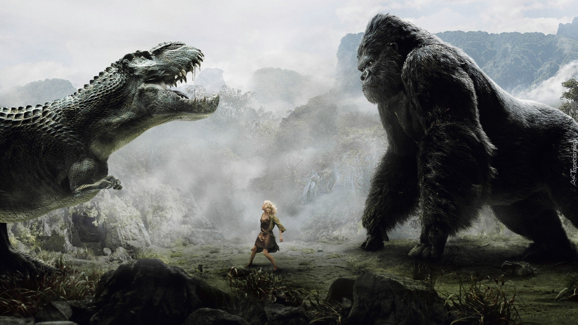 King Kong, Tyranozaur, Blondynka
