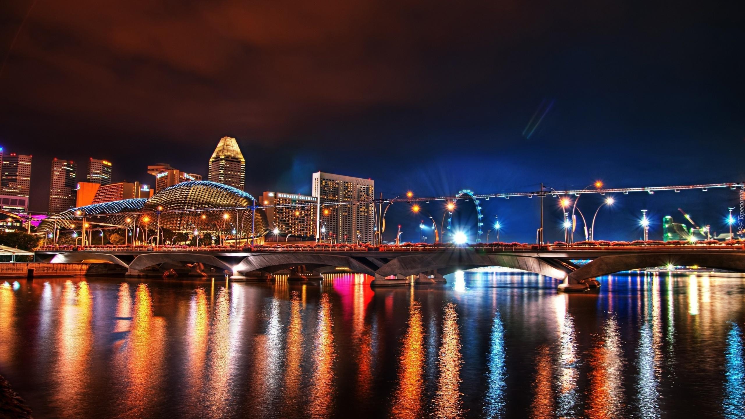 Miasto, Noc, Światła, Azja, Singapur