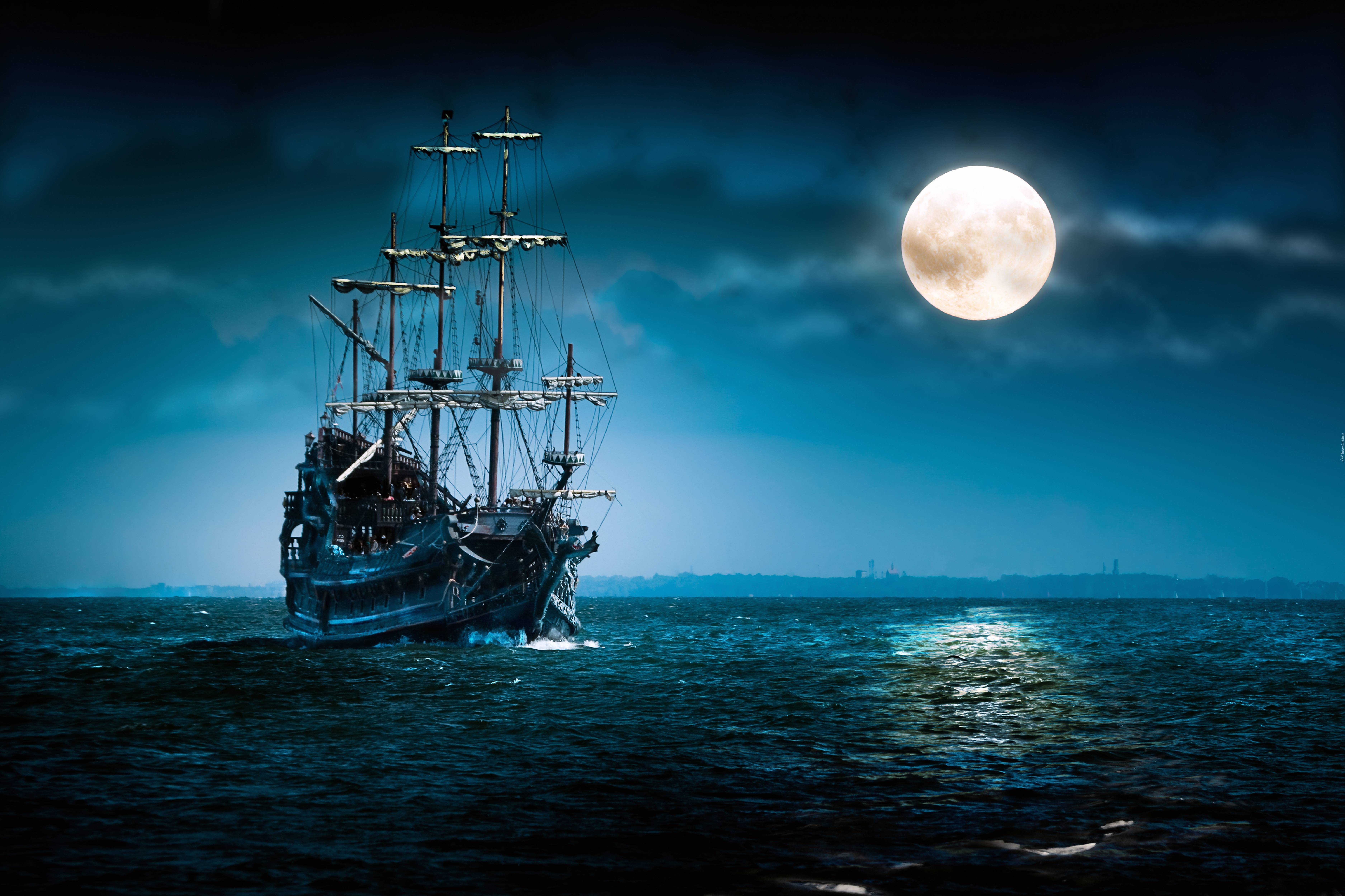 Statek, Morze, Księżyc