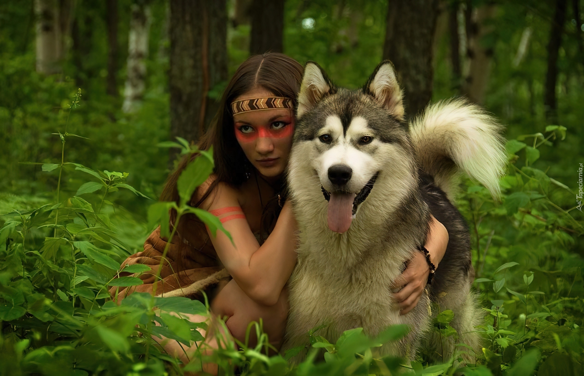 Dziewczyna, Pies, Alaskan Malamute, Las