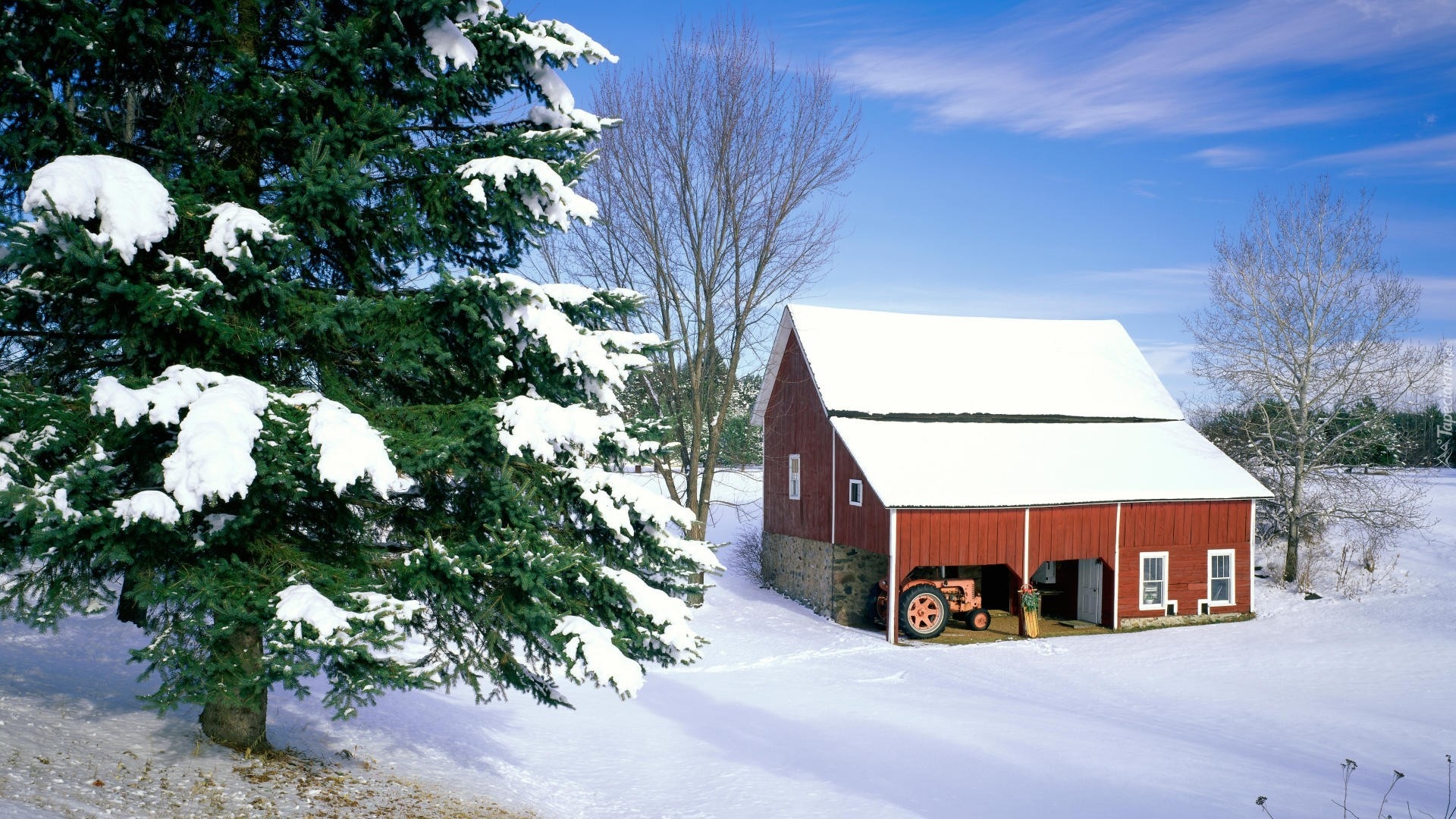 Zima, Śnieg, Domek, Traktor
