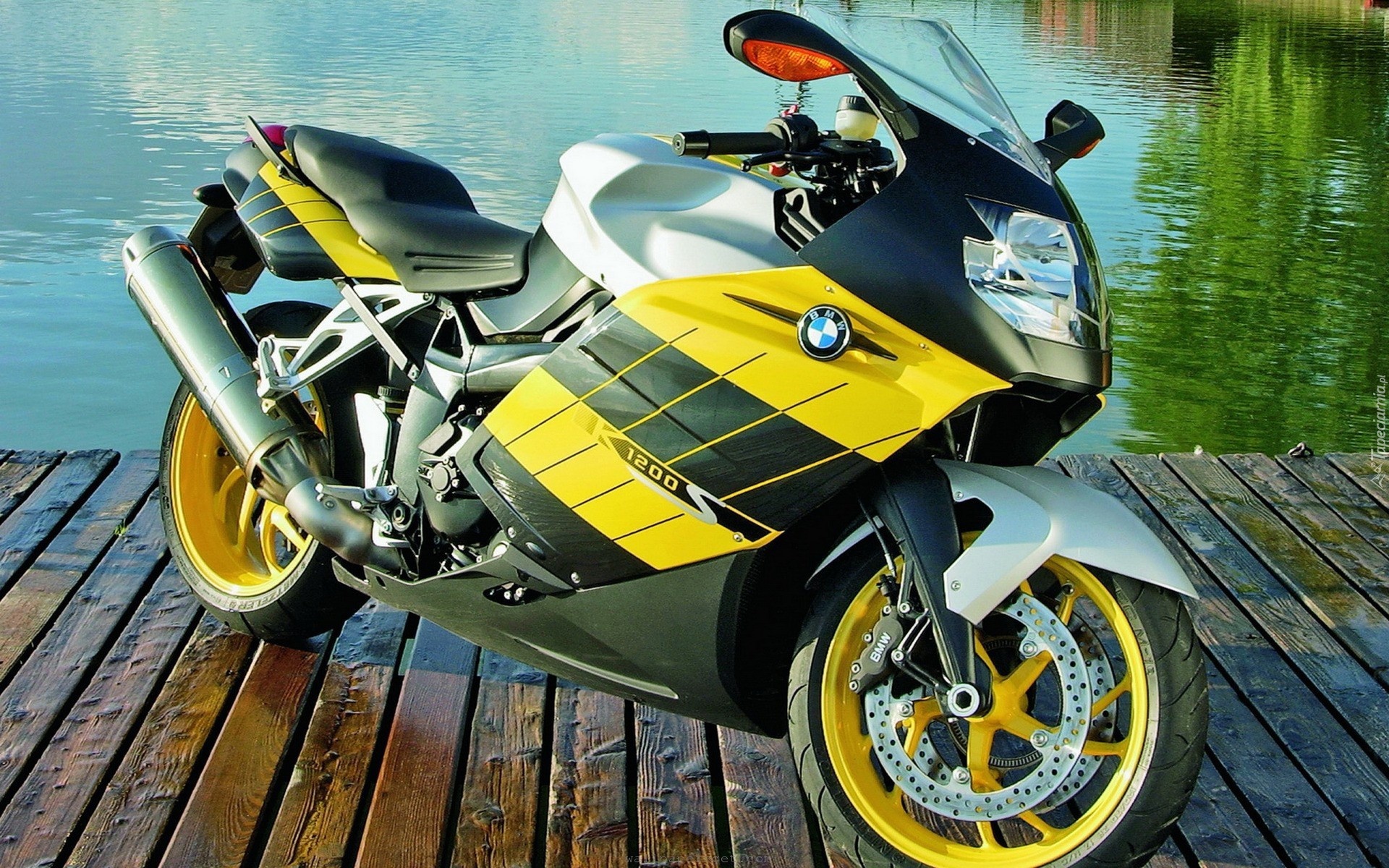 Żółty, Motocykl, BMW, Jezioro