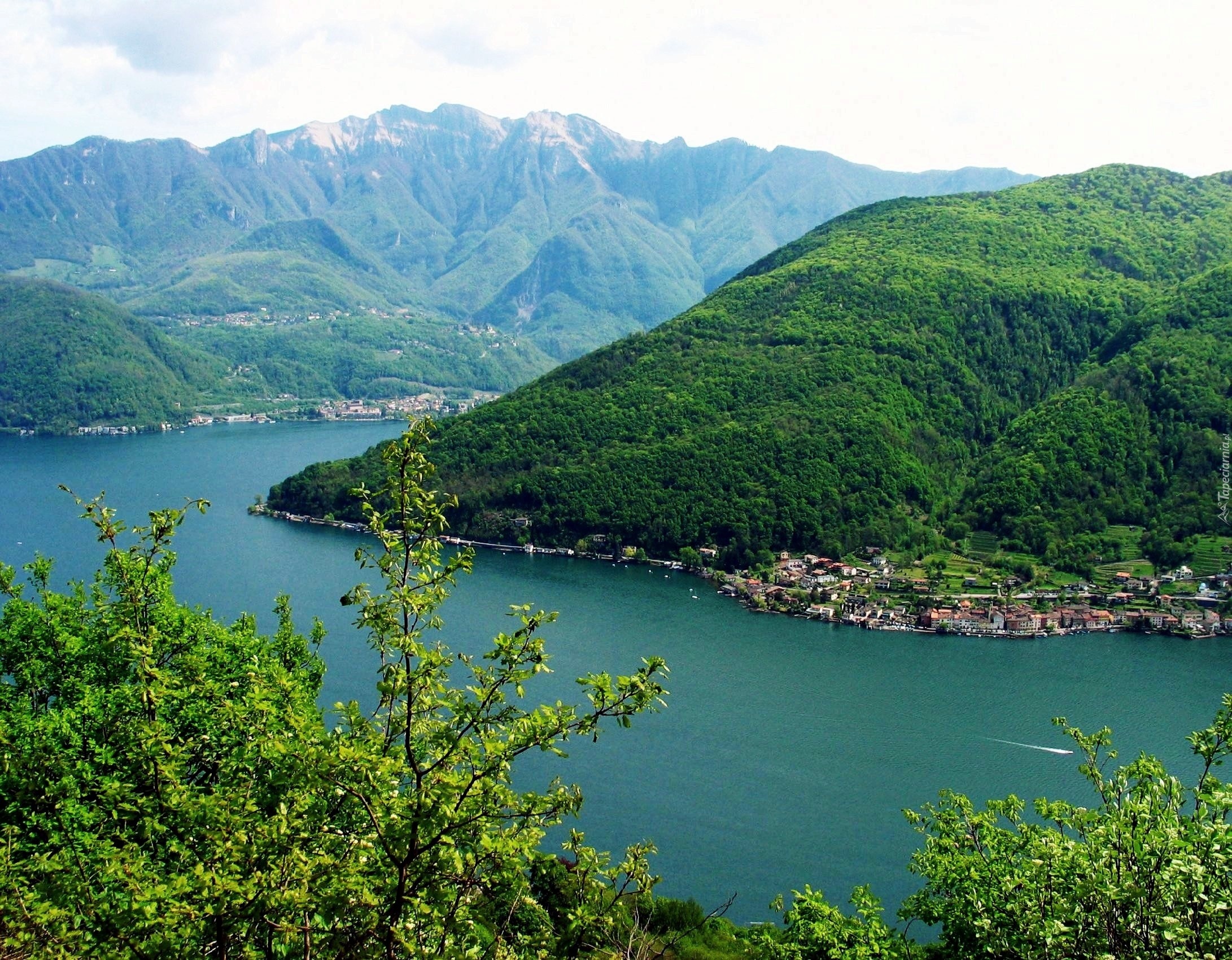 Lago Di Lugano, Szwajcaria, Woda, Drzewa, Góry